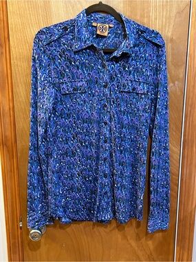 Tory Burch 100% Silk Button Down Purple Blue Peacock Print Utility Top - Large